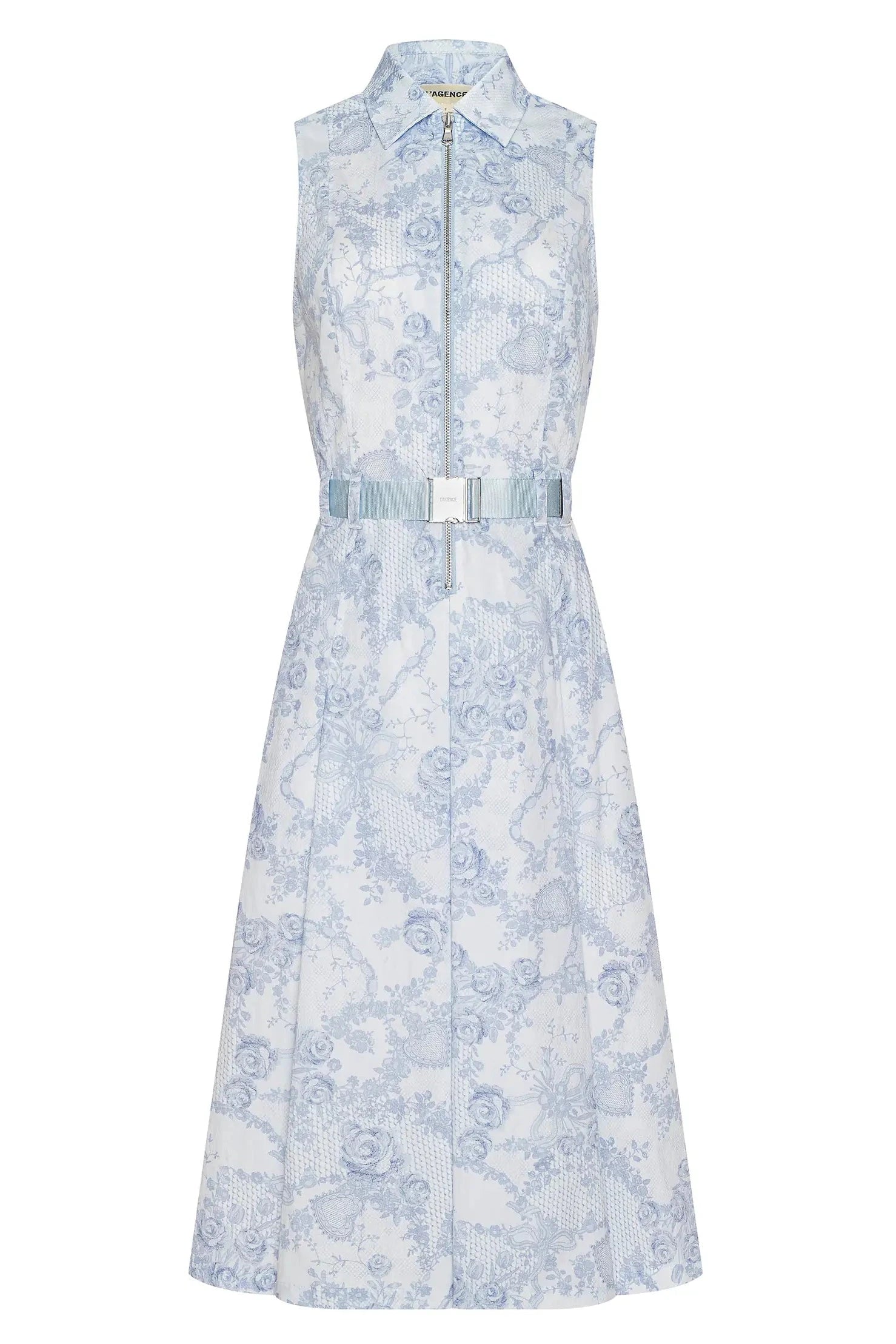 Robe chemise ceinturée L'Agence Kylo ivoire/brume pâle avec imprimé dentelle bleue