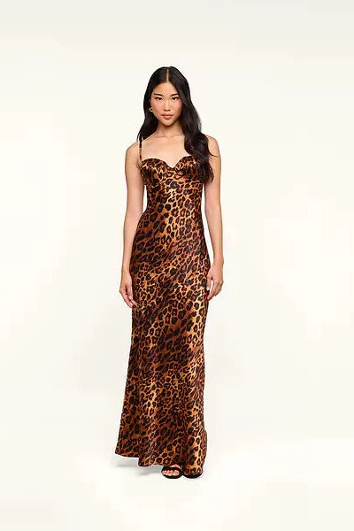 Robe longue à coupe biaisée L'Agence Sayla, beige à motif léopard javanais multicolore