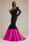 Greta Constantine Onica Long-Sleeve Gown With Contrast Flounce