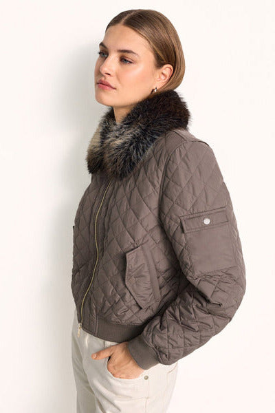 Riani Quilted Jacket With Faux Fur Collar - Ash