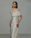 Catherine Regehr Off Shoulder Roll Collar gown with Scattered Pearls