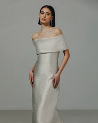 Catherine Regehr Off Shoulder Roll Collar gown with Scattered Pearls