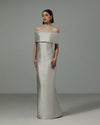 Catherine Regehr Off Shoulder Roll Collar gown with Scattered Pearls