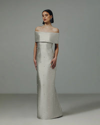 Catherine Regehr Off Shoulder Roll Collar gown with Scattered Pearls