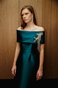 Catherine Regehr Off-Shoulder Roll Collar Gown With Waterfall Gems - Trumpet Floor Length - Blue Diamond