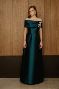 Catherine Regehr Off-Shoulder Roll Collar Gown With Waterfall Gems - Trumpet Floor Length - Blue Diamond