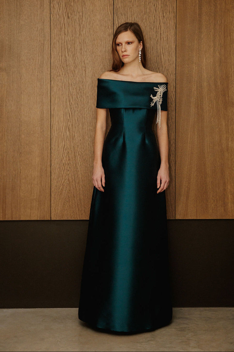 Catherine Regehr Off-Shoulder Roll Collar Gown With Waterfall Gems - Trumpet Floor Length - Blue Diamond