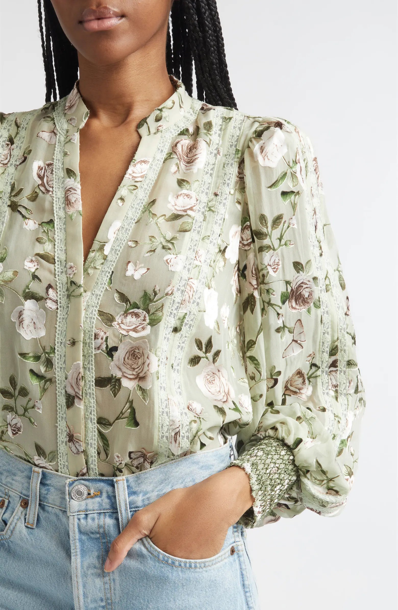 Alice + Olivia Arlette Floral Lace Trim Shirt