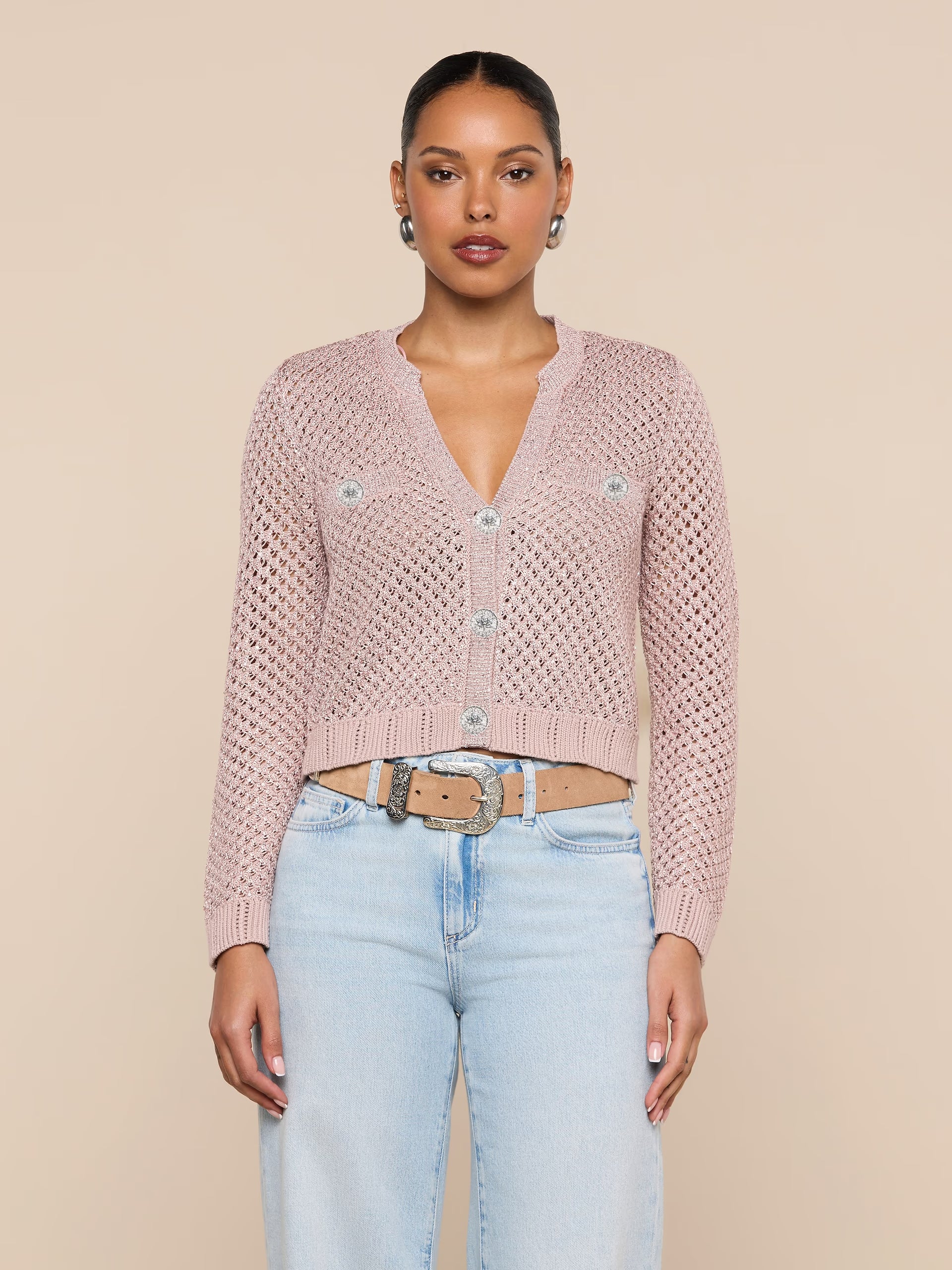 L'Agence Blanca Sequin Cardigan Adobe Rose