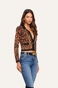 L'Agence Osiris Jacquard Collared Cardigan Tan Multi Javan Leopard