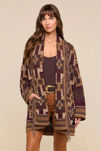 L'Agence Jair Jacquard Fringe Cardigan Dark Java/Burgundy Multi