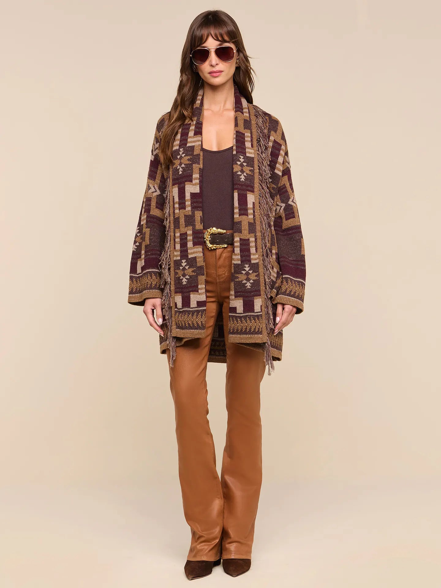 L'Agence Jair Jacquard Fringe Cardigan Dark Java/Burgundy Multi