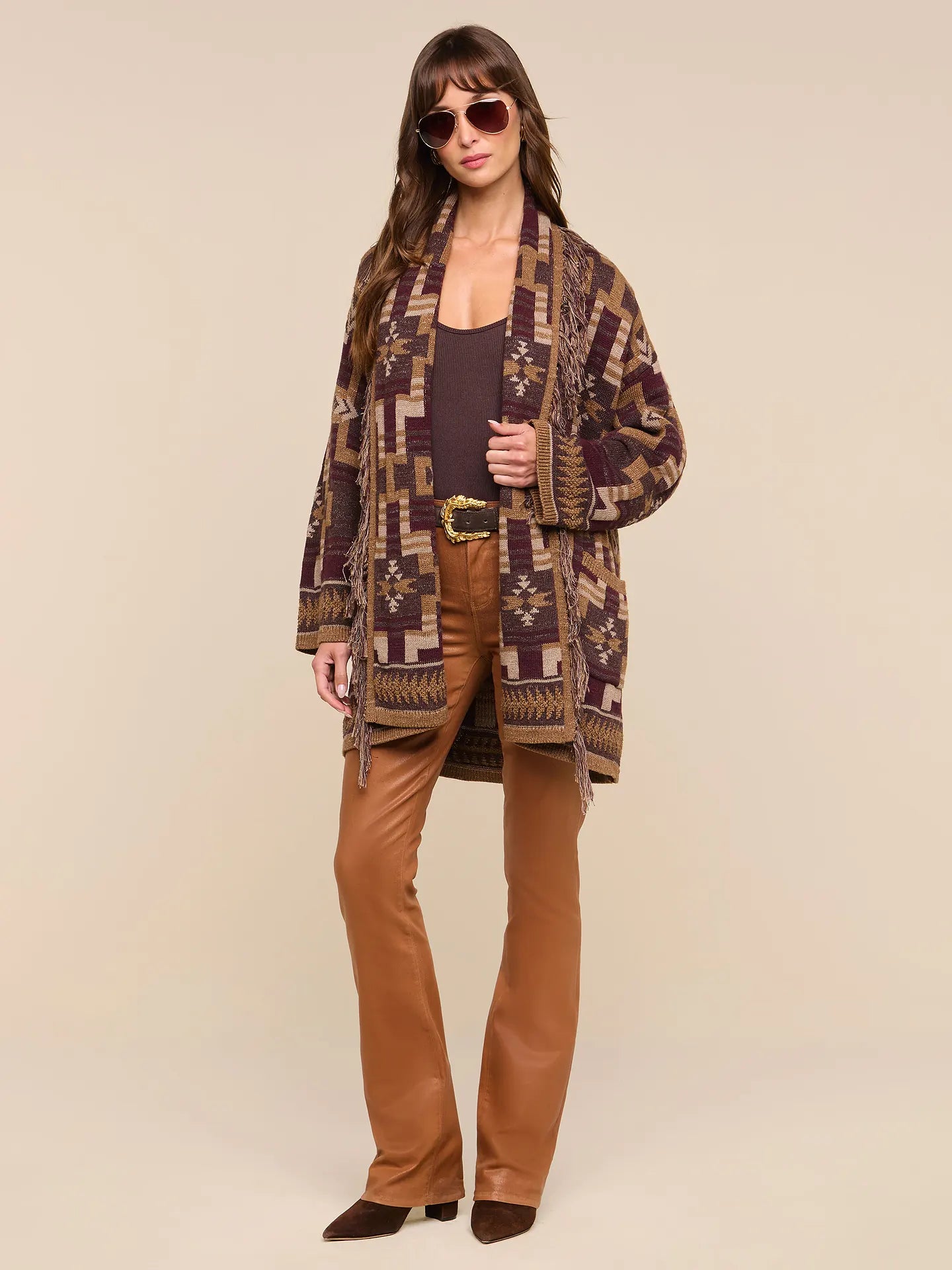 L'Agence Jair Jacquard Fringe Cardigan Dark Java/Burgundy Multi