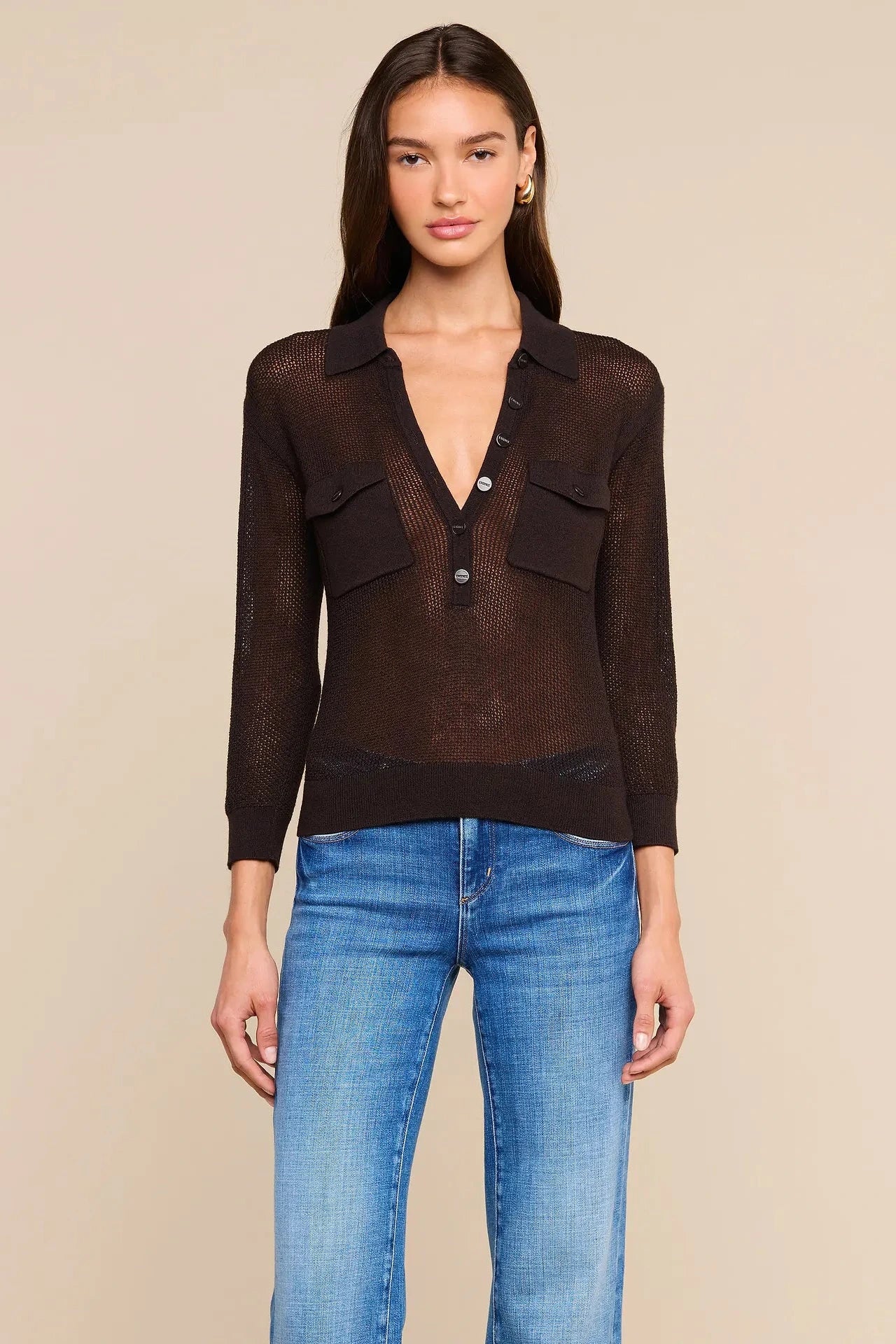 L'Agence Carine Pointelle Collared Sweater - Coffee Bean