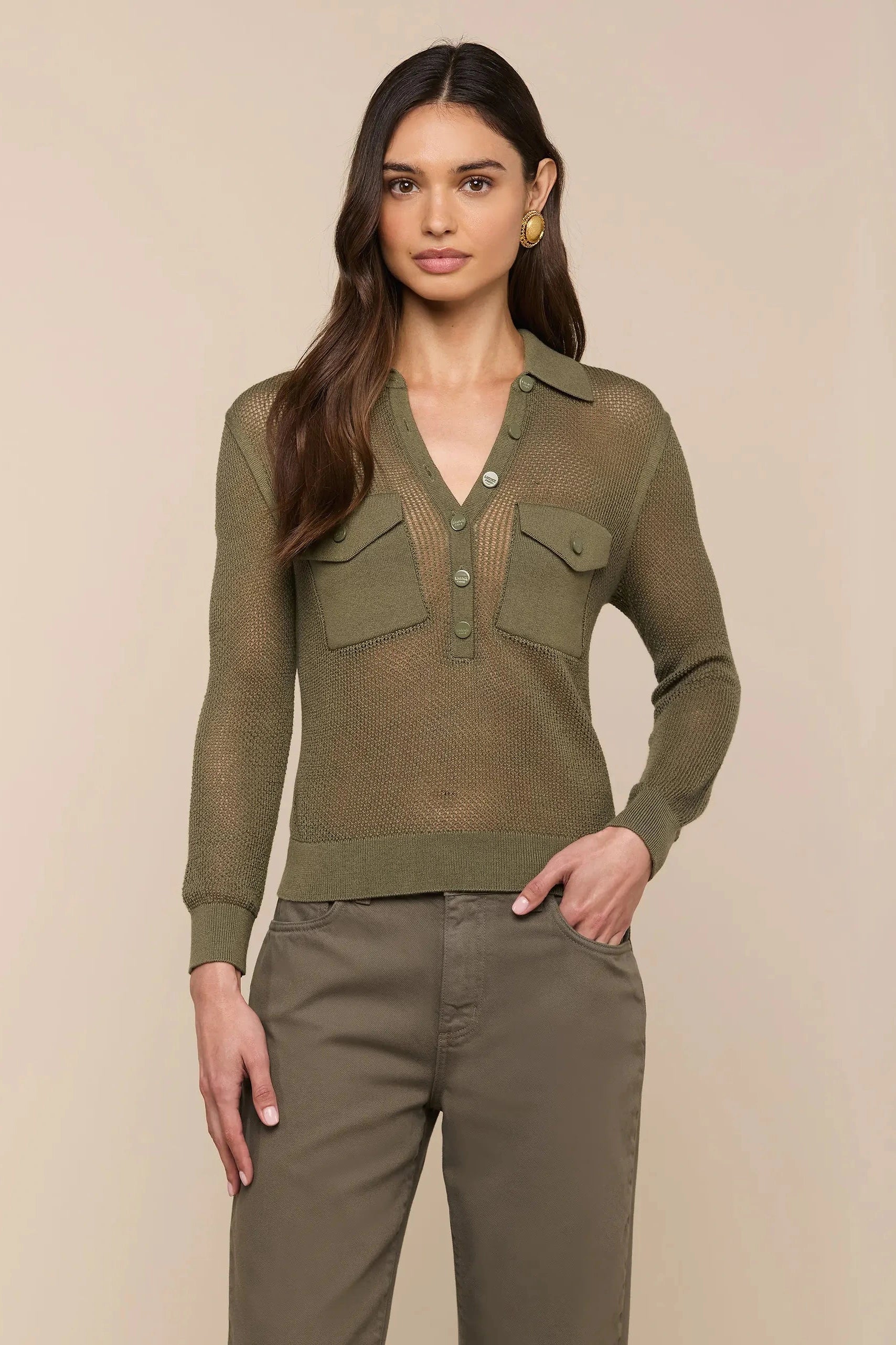L'Agence Carine Pointelle Collared Sweater Smokey Olive