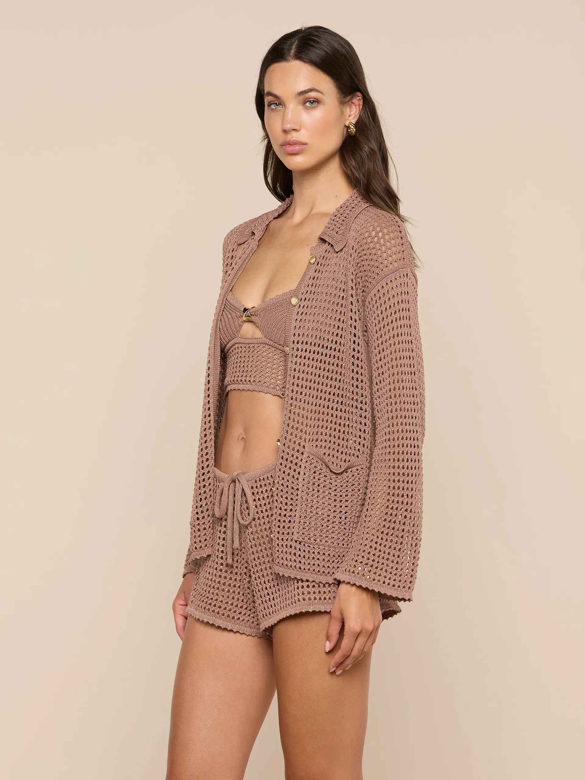 L'Agence Mariana Pointelle Knit Shirt Hazelnut