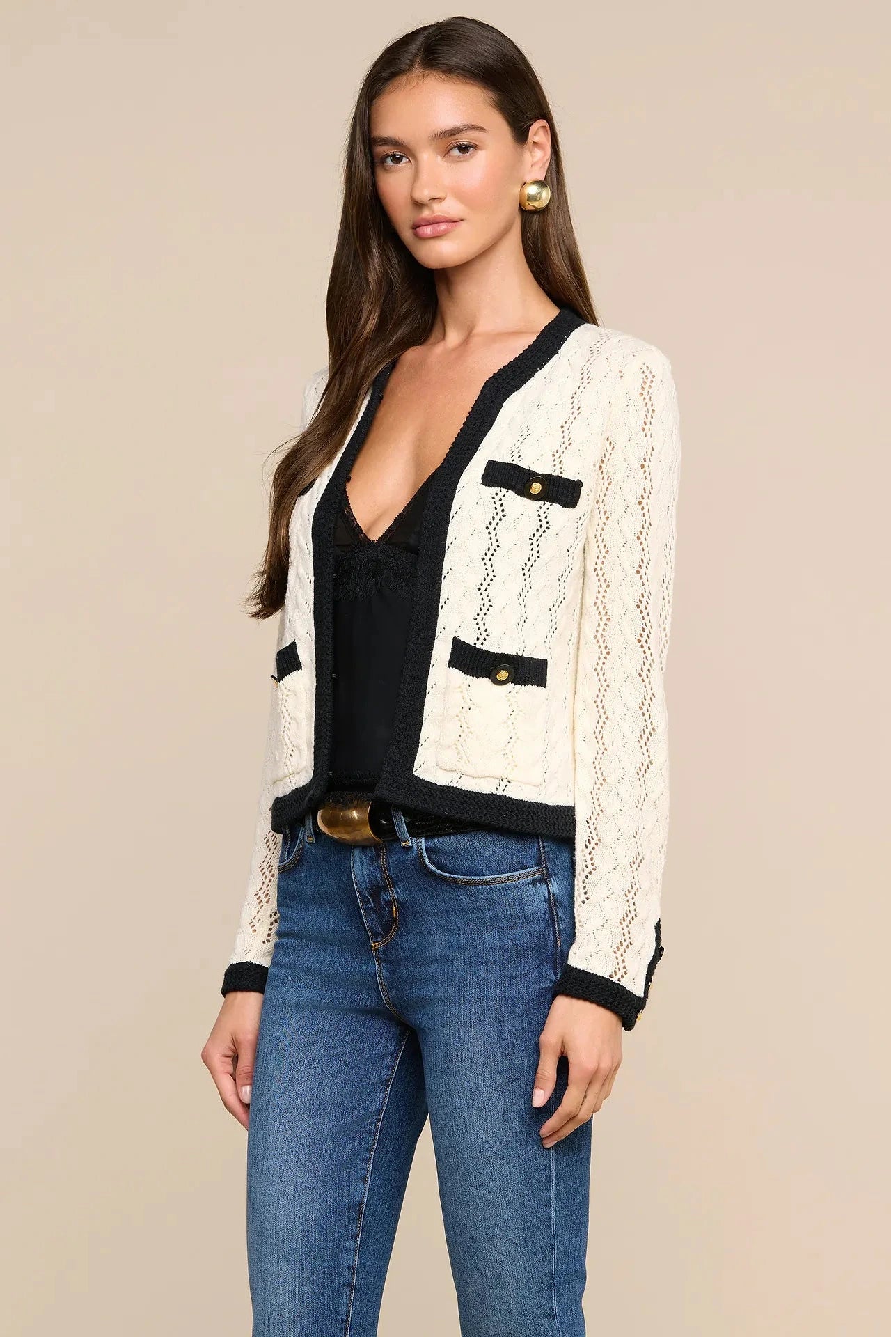 L'Agence Zephyra Pointelle Knit Cardigan - Ivory/Black