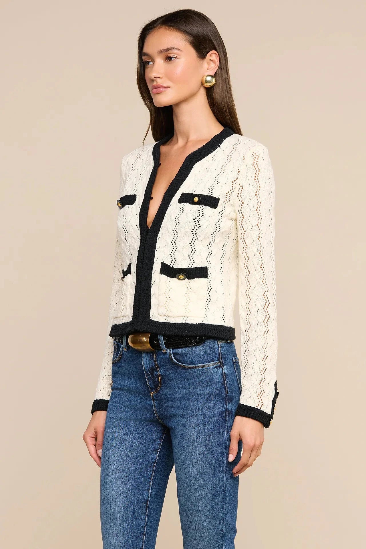 L'Agence Zephyra Pointelle Knit Cardigan - Ivory/Black