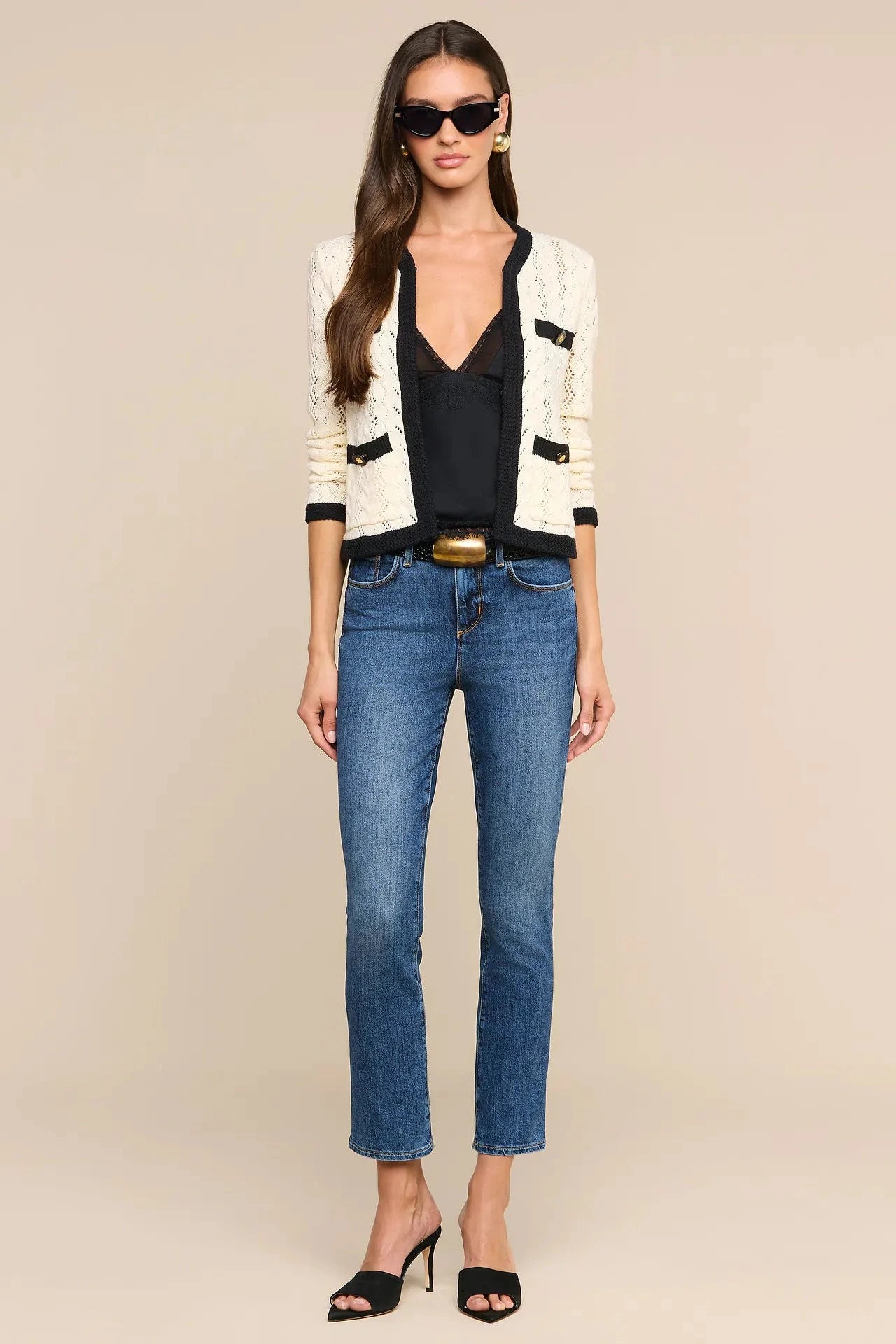 L'Agence Zephyra Pointelle Knit Cardigan - Ivory/Black