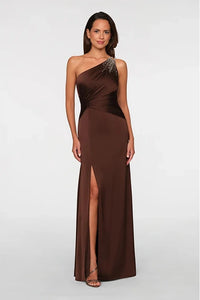 Theia Adriana One Shoulder Gown Chocolate