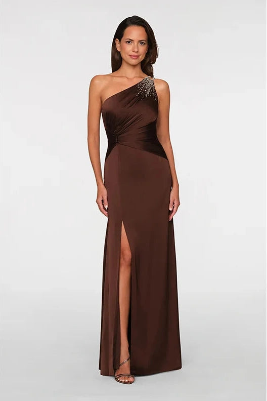 Theia Adriana One Shoulder Gown Chocolate