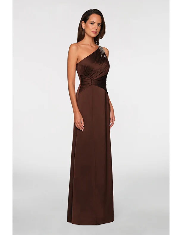 Theia Adriana One Shoulder Gown Chocolate