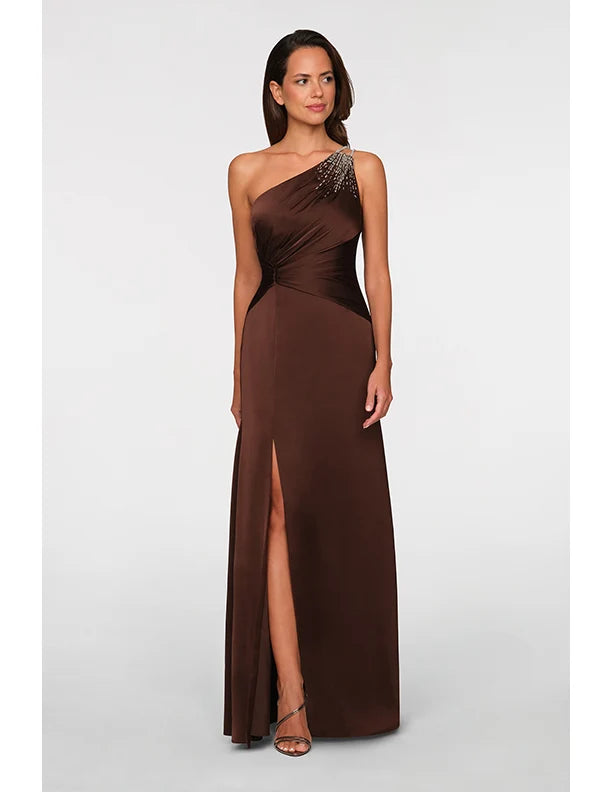 Theia Adriana One Shoulder Gown Chocolate