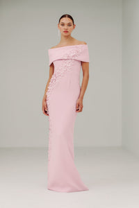 Robe Catherine Regehr à épaules dénudées avec corsage fleuri