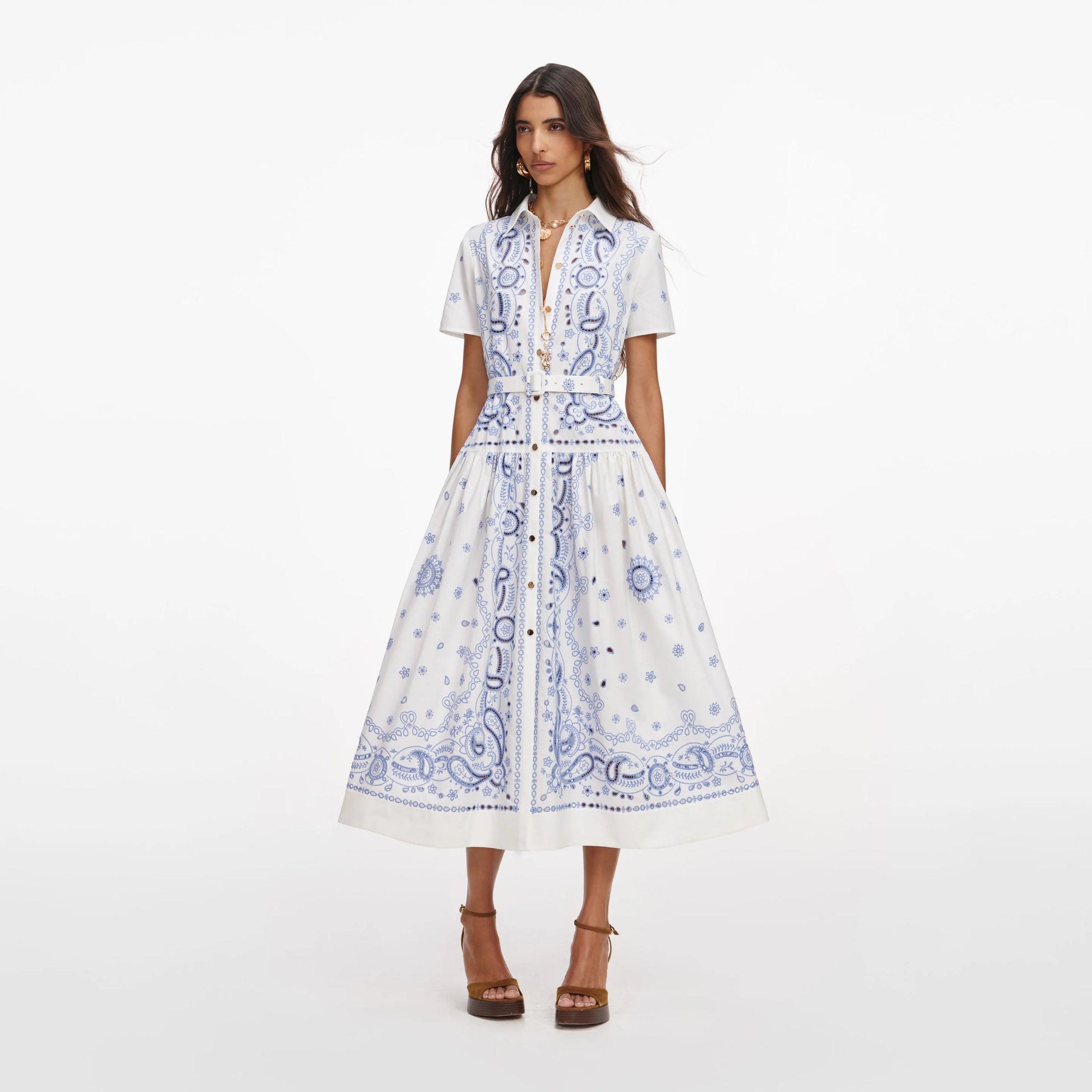 Robe Midi Brodée Blanche et Bleue Self-Portrait Blanche