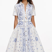 Robe Midi Brodée Blanche et Bleue Self-Portrait Blanche