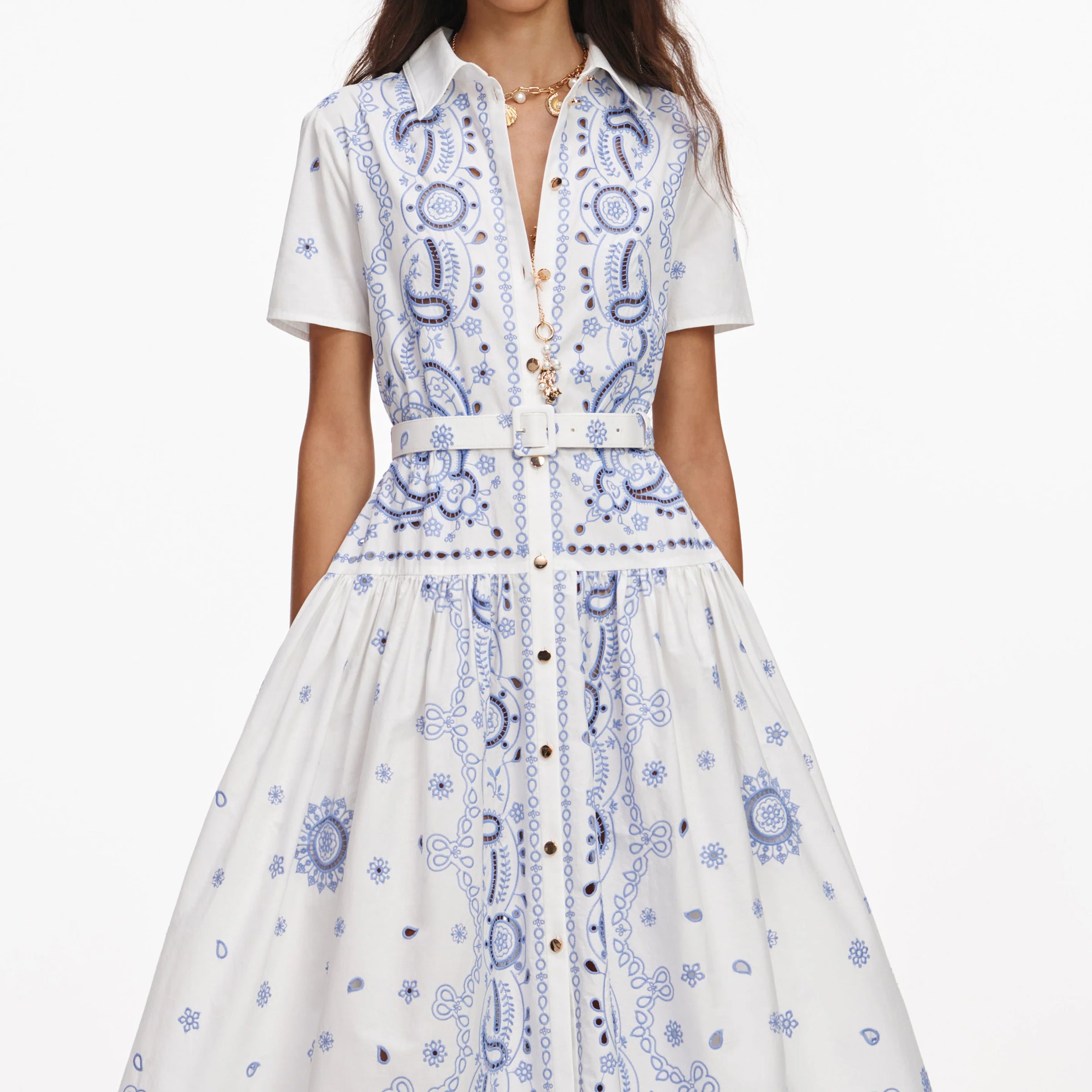 Robe Midi Brodée Blanche et Bleue Self-Portrait Blanche