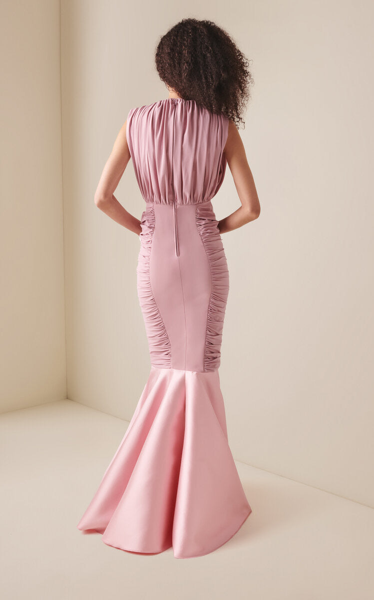 Greta Constantine Mergan Draped V-Neck Gown with Flounce Malva/Rose