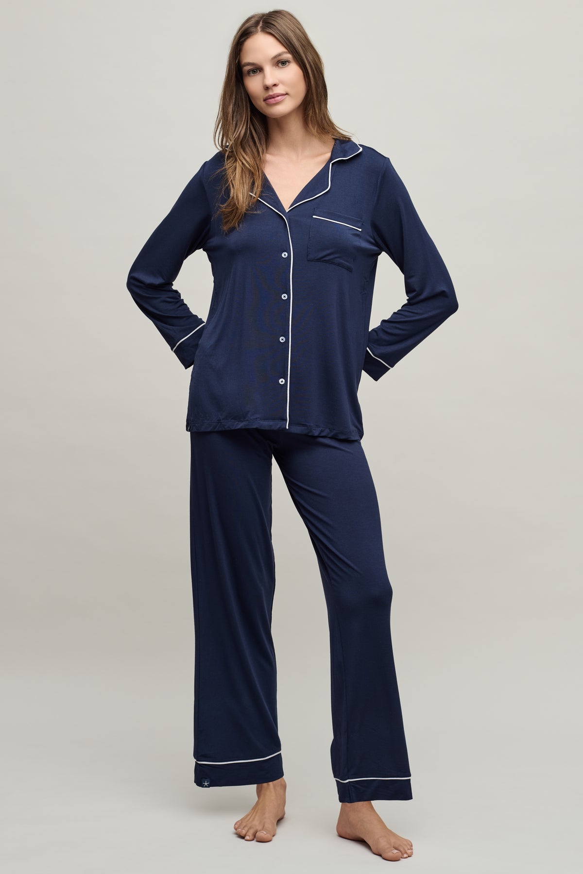 Ensemble de pyjama en jersey Luxe Milk passepoilé pour femme Barefoot Dreams BDWLM26693 Indigo