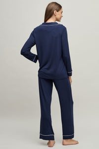 Barefoot Dreams Women's Luxe Milk Jersey Piped Pajama Set - Indigo