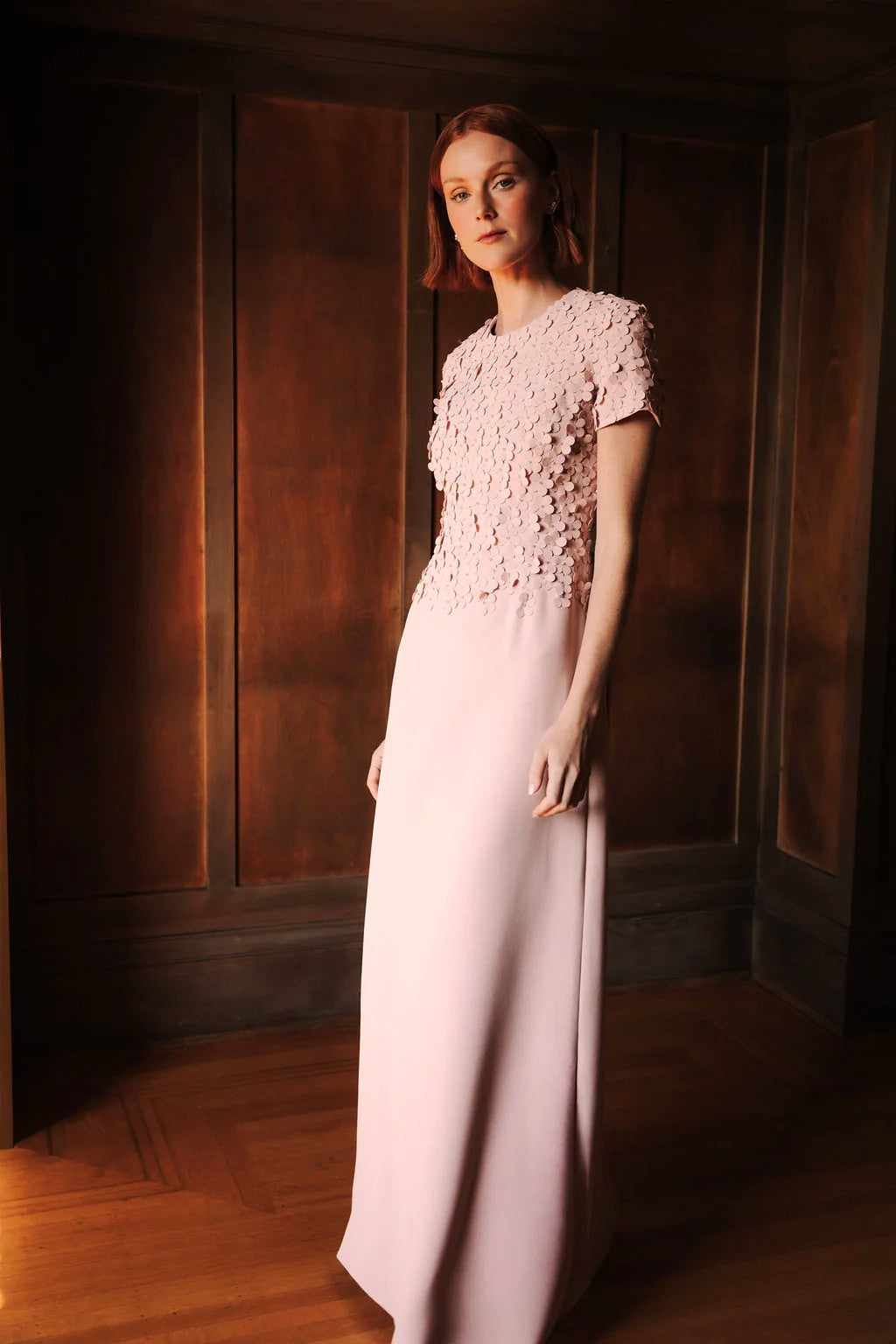 Catherine Regehr Jewel Neck Jackie Gown with Camellia Petals & Gems