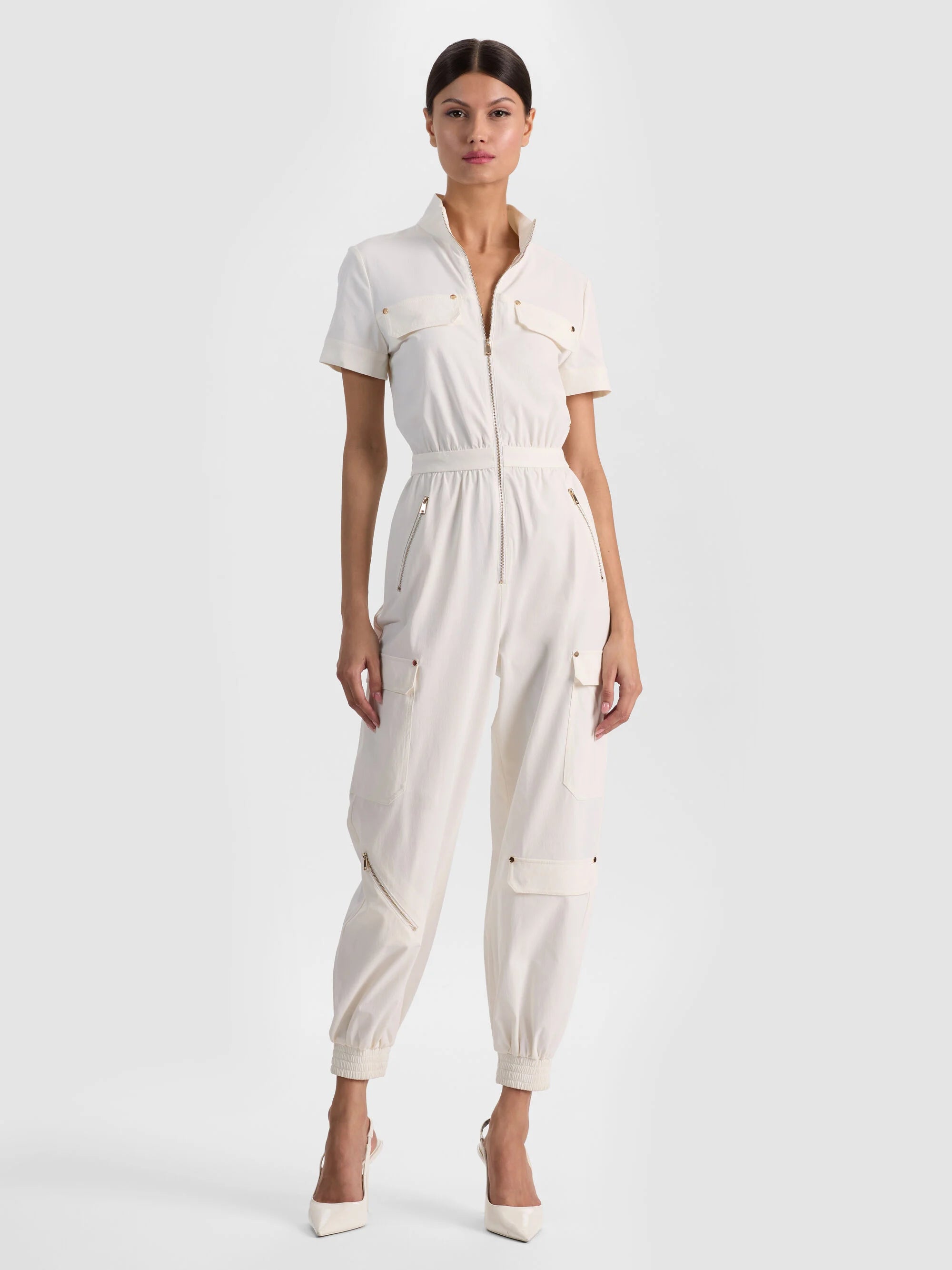 Alice & Olivia Milo SS Cargo Jumpsuit Off White