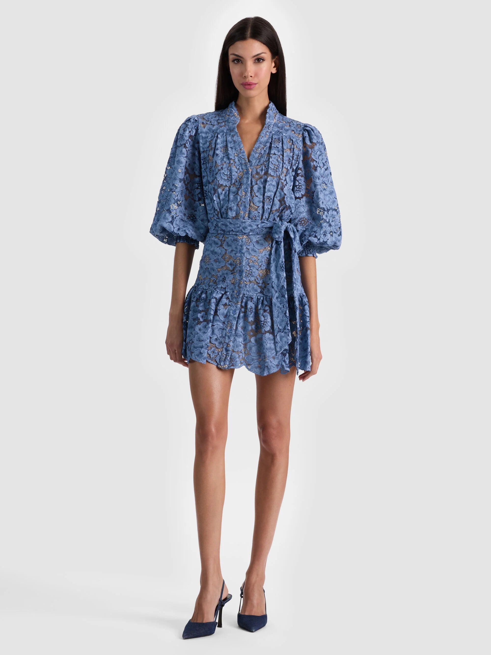 Alice & Olivia Cora Voluminous Tiered Mini Shirt Dress Indigo