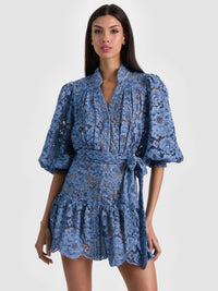 Alice & Olivia Cora Voluminous Tiered Mini Shirt Dress Indigo