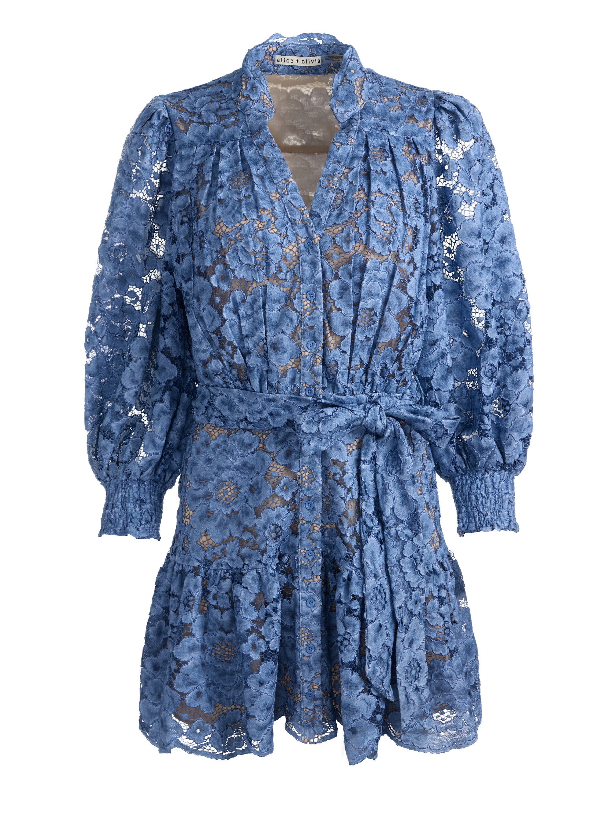Alice & Olivia Cora Voluminous Tiered Mini Shirt Dress Indigo
