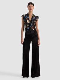 Alice & Olivia Arlette Flutter Sleeve Silk Blouse Twisting Vines Black