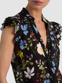 Alice & Olivia Arlette Flutter Sleeve Silk Blouse Twisting Vines Black