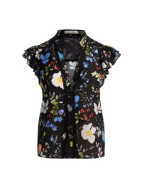 Alice & Olivia Arlette Flutter Sleeve Silk Blouse Twisting Vines Black