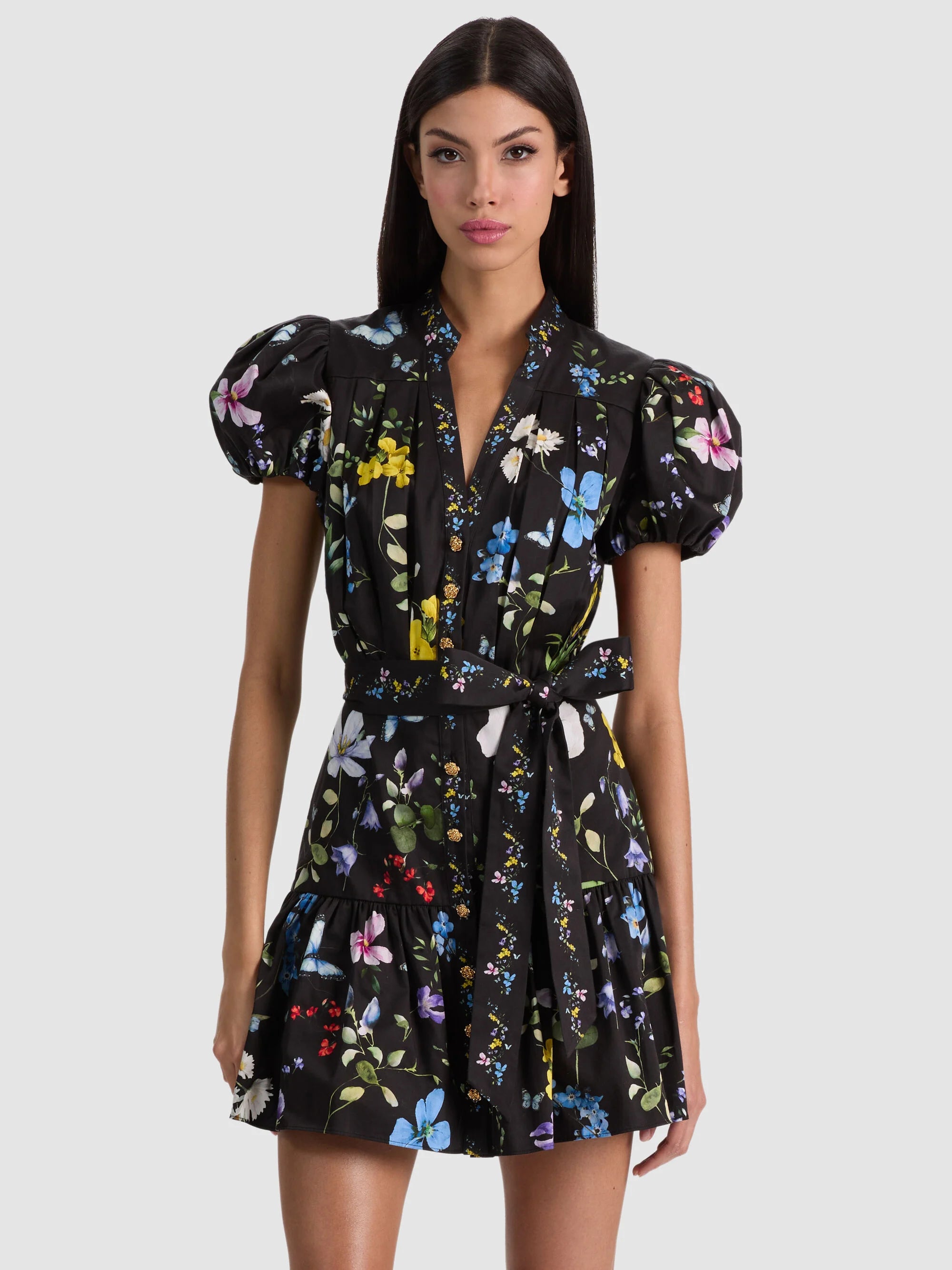 Alice & Olivia Cora Mini Shirt Dress Twisting Vines Black