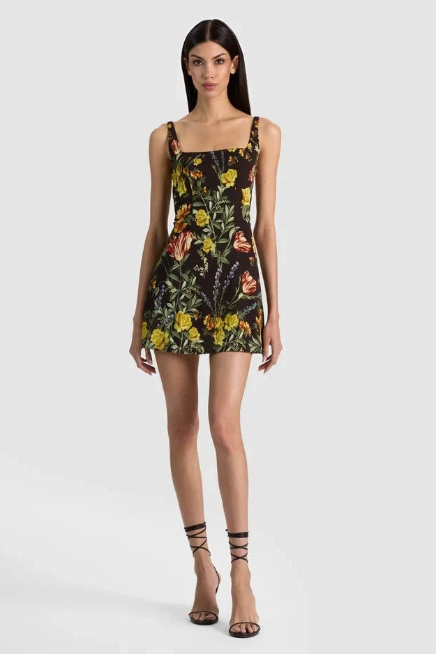 Alice + Olivia Julia Scoop Neck Mini Dress Desert Sprigs Black