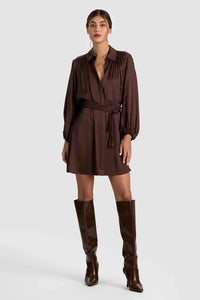 Alice + Olivia CC608A73509-C201 Margaux Blouse Sleeve Tie Fit Mini Dress Dark Chocolate