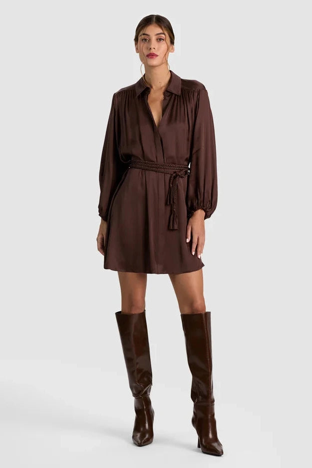 Alice + Olivia CC608A73509-C201 Margaux Blouse Sleeve Tie Fit Mini Dress Dark Chocolate