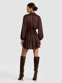 Alice + Olivia CC608A73509-C201 Margaux Blouse Sleeve Tie Fit Mini Dress Dark Chocolate