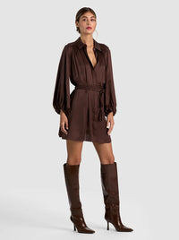 Alice + Olivia CC608A73509-C201 Margaux Blouse Sleeve Tie Fit Mini Dress Dark Chocolate