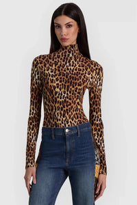 Alice + Olivia CC608P02025-R900 Delaina Long Sleeve Turtleneck Top Spotted Leopard