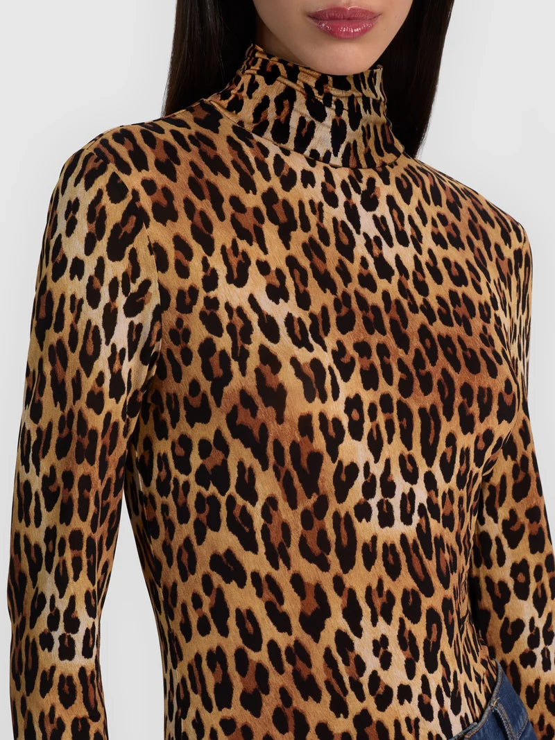 Alice + Olivia CC608P02025-R900 Delaina Long Sleeve Turtleneck Top Spotted Leopard